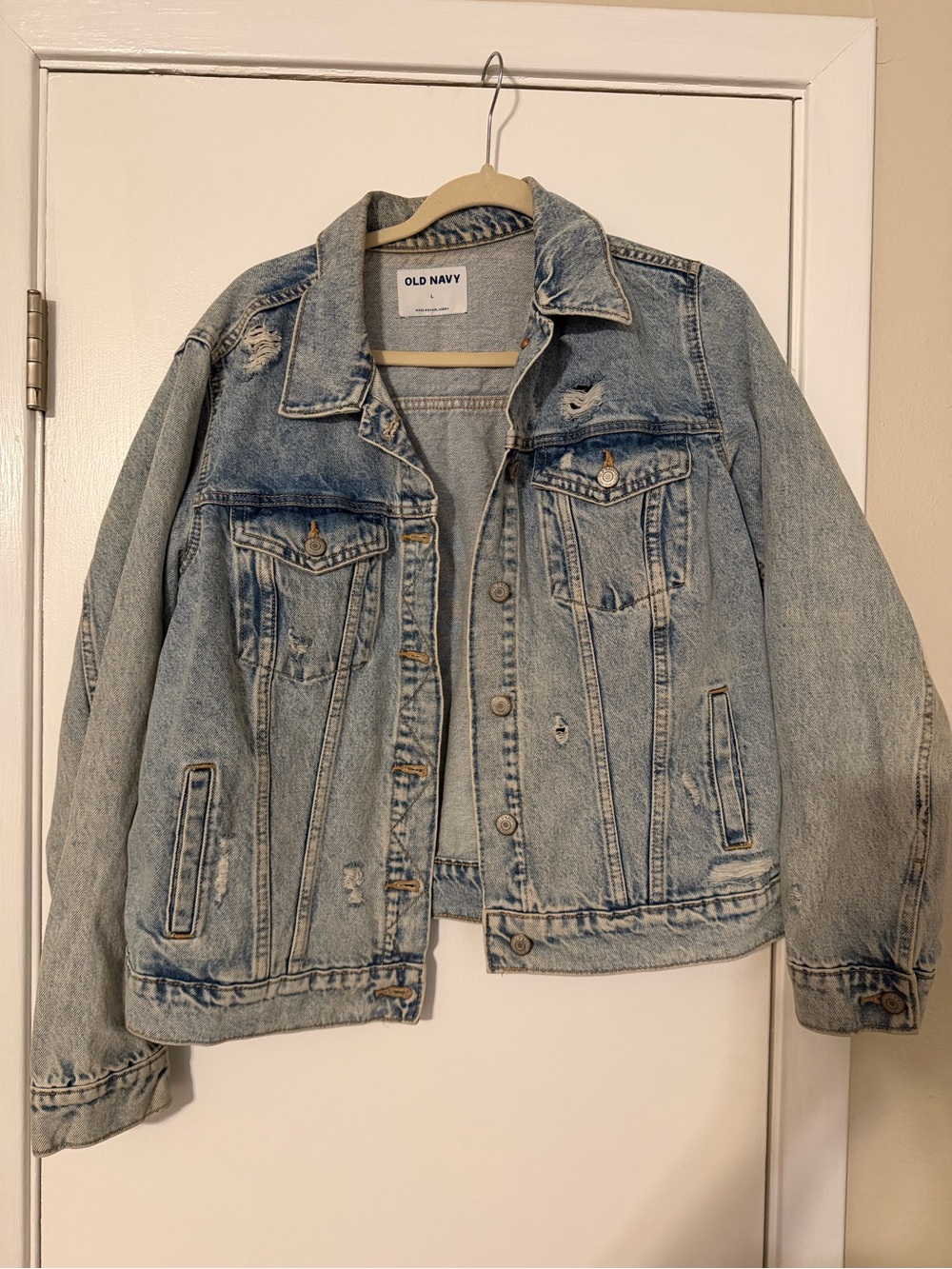 Old Navy Light Blue Distressed Denim Jacket - Women's Relaxed Fit